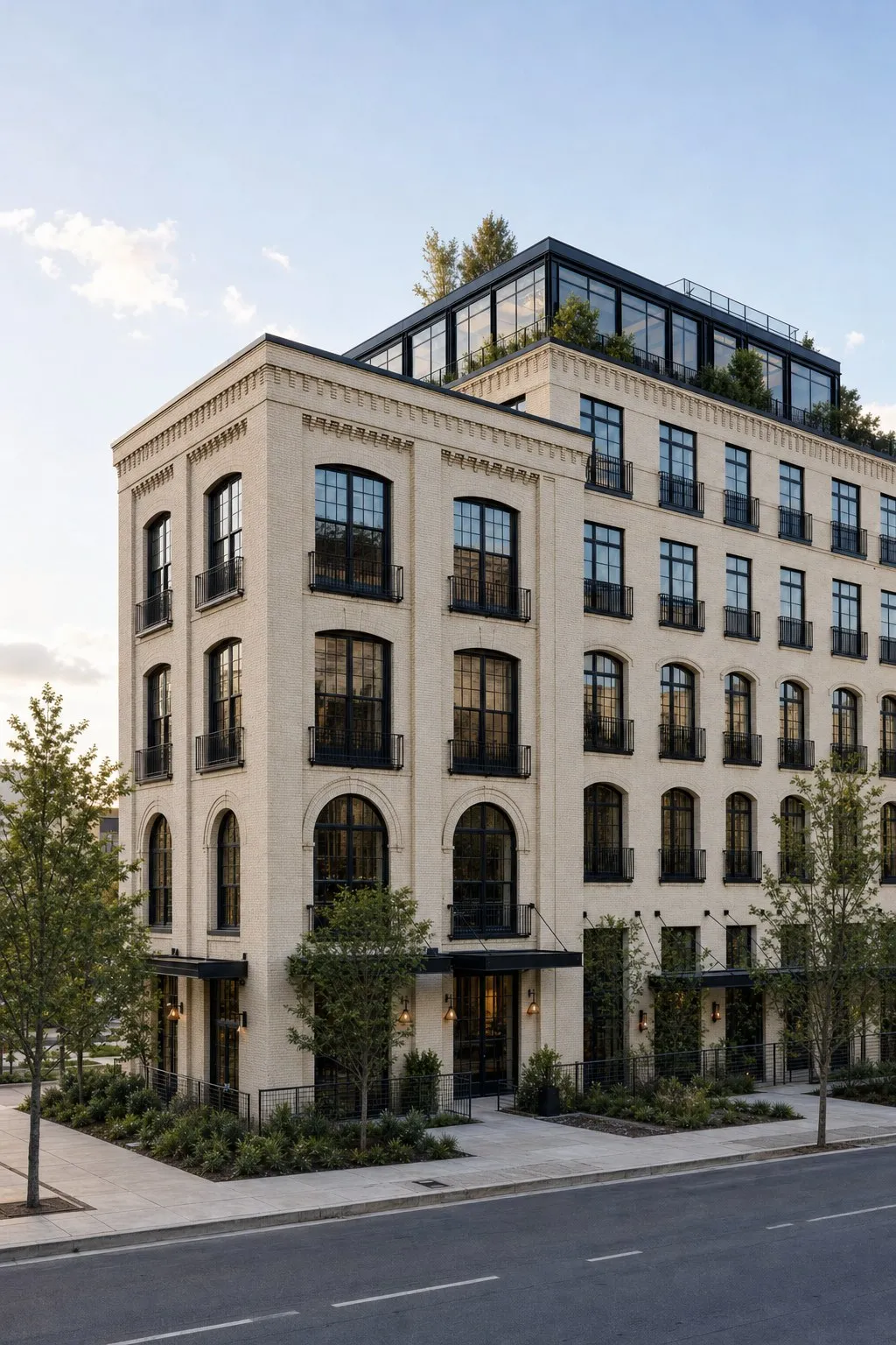 Immeuble d’appartements en brique blanc chaud aux fenêtres d’acier noir, un après-midi d’été